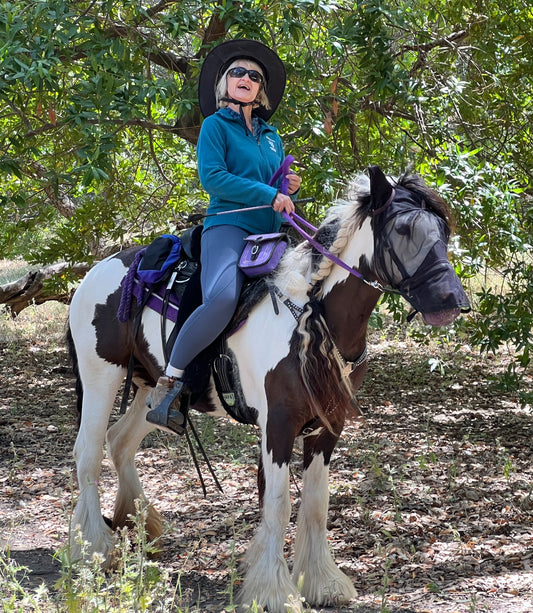 This lady, wearing Da Brim, is astride a Gypsy horse.